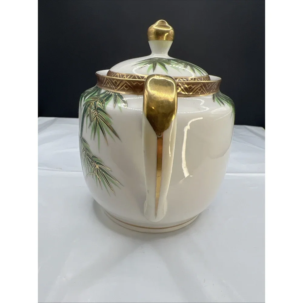 Vtg Hakusan China Covered Sugar Bowl Hand Painted Green Bamboo Gold Trim Japan